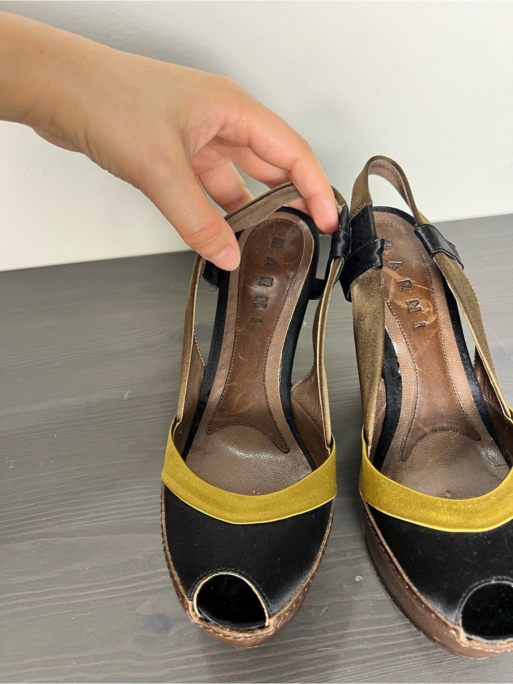 Marni Colorblock Platform Wedge Sandals Size 36 Black Yellow Peep Toe Heel - Picture 5 of 11